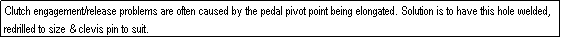 Text Box: Clutch engagement/release problems are often caused by the pedal pivot point being elongated. Solution is to have this hole welded, redrilled to size & clevis pin to suit.